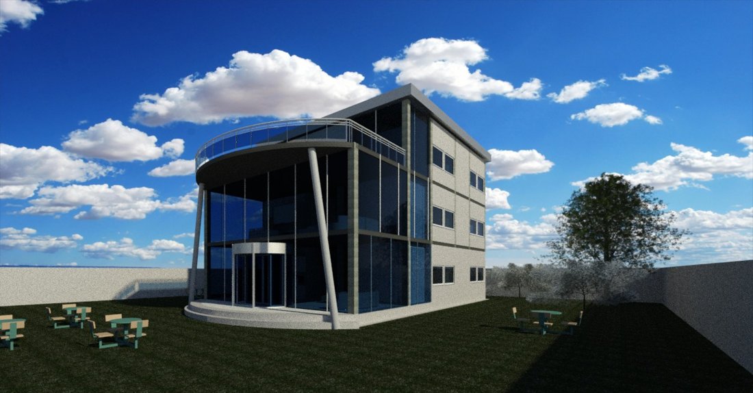 Rendered exterior view of the dormitory building model in Revit 2025